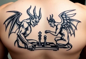 devil and angel playing chess in black. Make them seem like people and not animals tattoo idea