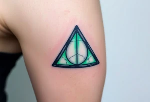 A Deathly Hallows full symbol etched into an ancient-looking stone, with deep cracks and glowing runes in eerie green light tattoo idea