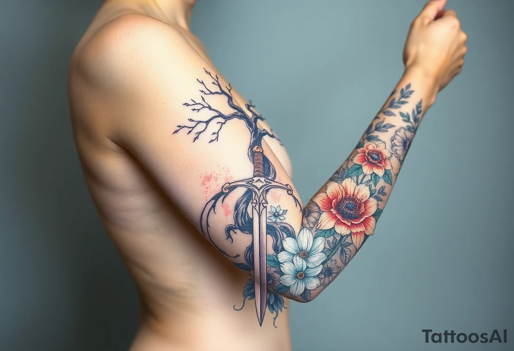 based on the Lord of the rings movies with the tree of Gondor, the Evenstar, the sword Narsil, and flowers tattoo idea