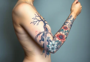 based on the Lord of the rings movies with the tree of Gondor, the Evenstar, the sword Narsil, and flowers tattoo idea