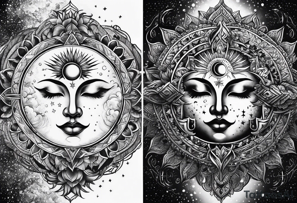 Moon and a sun, that covers half the moon but you can still see the moon and the sun tricep tattoo idea