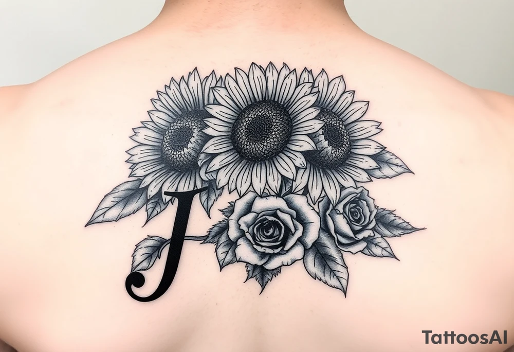 i need more sunflowers and for it to be on the name, but the name is above the flower, and i need roses on the “j” tattoo idea