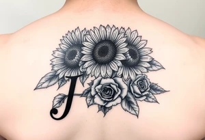 i need more sunflowers and for it to be on the name, but the name is above the flower, and i need roses on the “j” tattoo idea