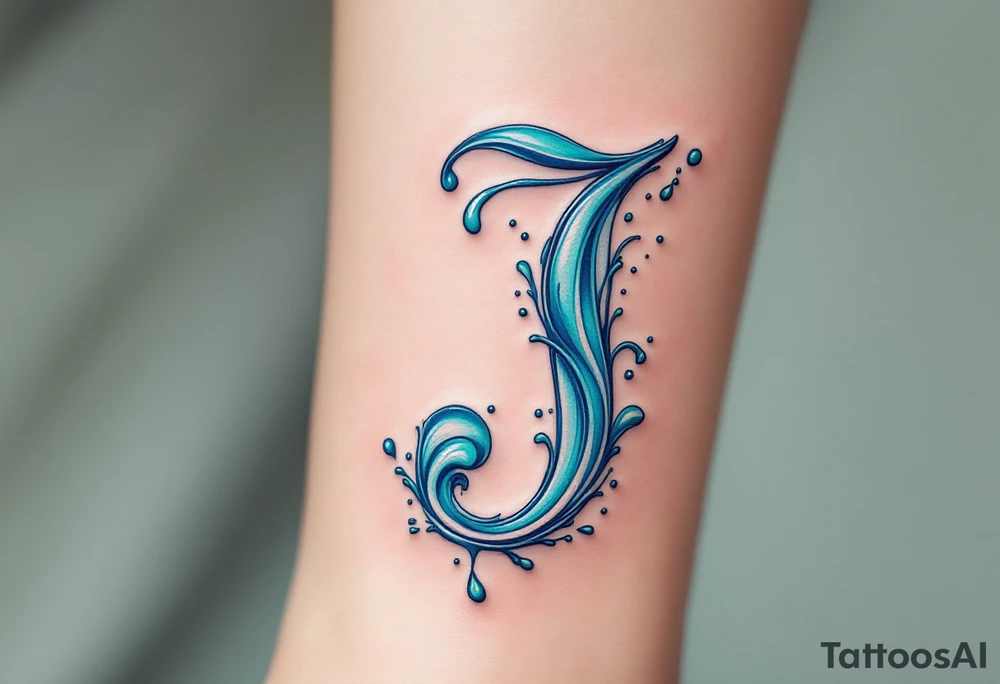 Water-themed "J" in turquoise and aqua with splash effects and ripple shading. tattoo idea