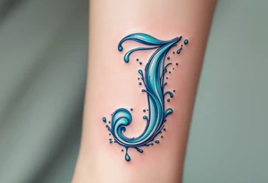 Water-themed "J" in turquoise and aqua with splash effects and ripple shading. tattoo idea