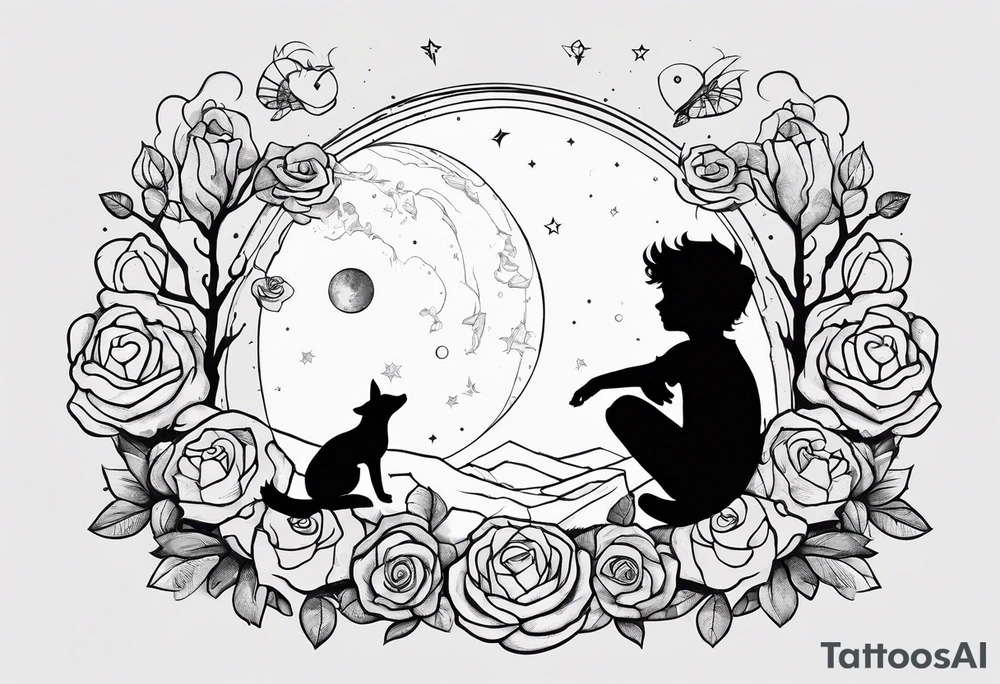 The Little prince sitting on his planet toghether with the fox on his planet besides his rose. Both are watching into the sky tattoo idea