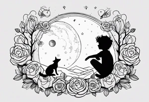 The Little prince sitting on his planet toghether with the fox on his planet besides his rose. Both are watching into the sky tattoo idea