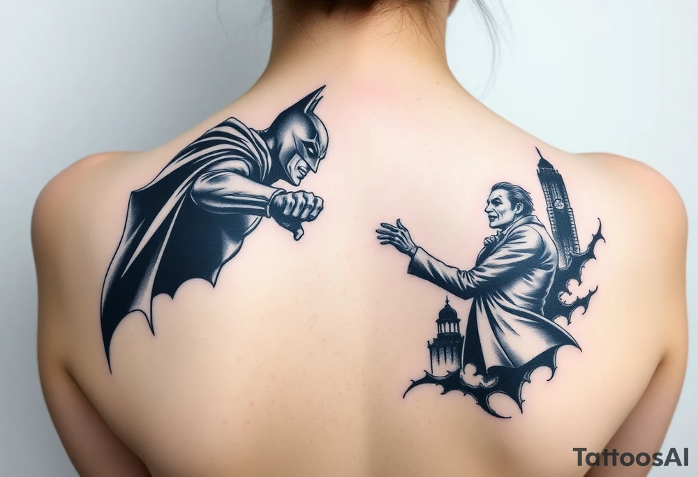 Large format batman and joker fighting in Gotham with buildings tops and bat signal light detailed tattoo idea