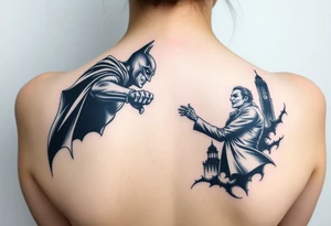 Large format batman and joker fighting in Gotham with buildings tops and bat signal light detailed tattoo idea
