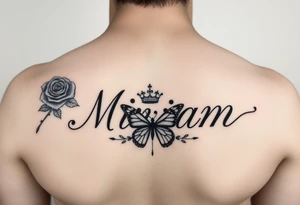 Name tattoo that’s says Miriam with a rose, crown, and butterfly for forearm tattoo idea