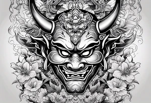 Oni mask with a cherry blossom background tattoo idea