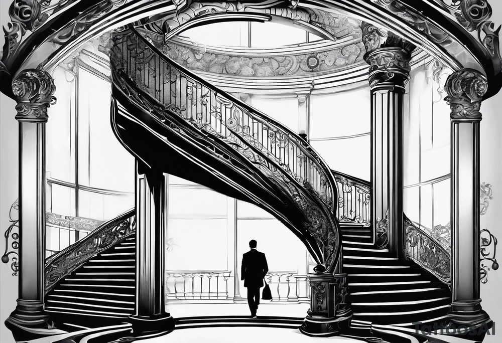 Man walking up a Deteriorating spiral stair case with falling steps tattoo idea