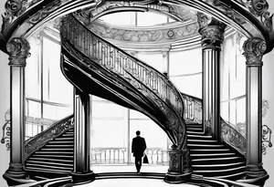 Man walking up a Deteriorating spiral stair case with falling steps tattoo idea