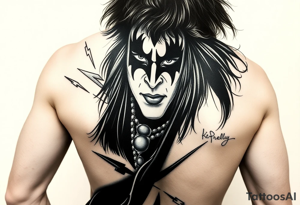Create art for a tattoo. It will be a sleeve tattoo based on KISS guitarist Ace Frehley and his character designed make up. Abstract. Include his guitar, lightning bolts, his autograph, design of his make up. tattoo idea