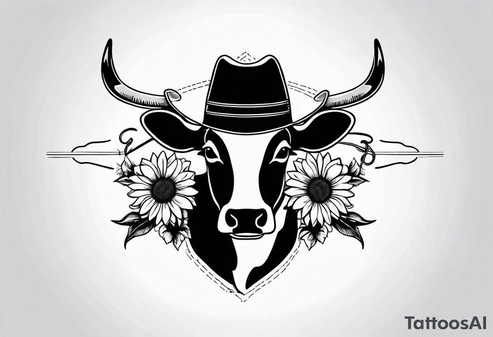 Arm tattoo with barbed wire, cowboy hat, sun flowers and cow tattoo idea