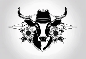 Arm tattoo with barbed wire, cowboy hat, sun flowers and cow tattoo idea