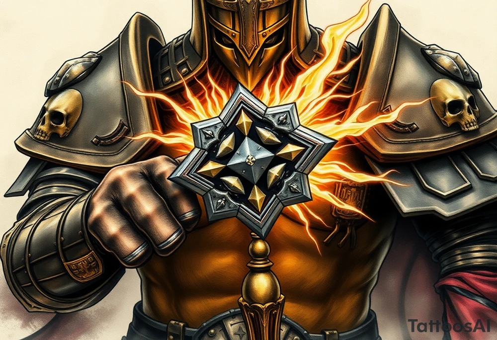 Warhammer, the Old World. A warrior priest of Sigmar holding The Warhammer of Sigmar. The Warhammer of Sigmar is radiating thunderous energy. The Warhammer is held by the warrior priest with both hands at the handle with a firm grip inorder to contain its unlimited energy, upon his chest level. The Warrior priest is wearing dark alloyed heavy armour (reference armor from warhammer vermintide 2 Victor Saltzpyres, the warrior priest of Sigmar class) with skull sigils on his shoulder pads. The warrior priest is wearing a helmet, while the helmets front visor has an humanoid face covering. The helmet and armour are gladened with hints of gold and crimson red. The Warhammer is silverish and golden with a long handle tattoo idea
