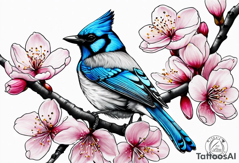Stellar’s Jay bird on cherry blossoms tattoo for arm tattoo idea