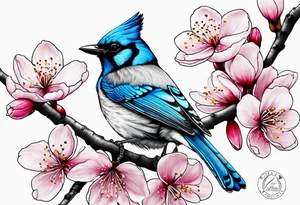 Stellar’s Jay bird on cherry blossoms tattoo for arm tattoo idea