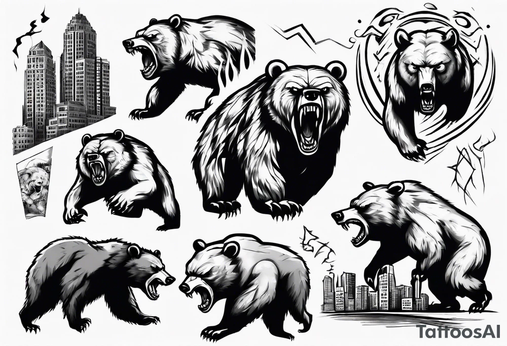 Angry bear coming up behind a city tattoo idea