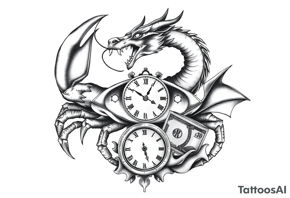 Dark cancer zodiac sign tattoo with dragon, clock and money on background tattoo idea