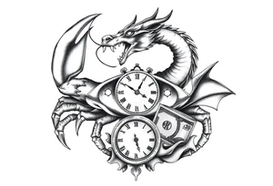 Dark cancer zodiac sign tattoo with dragon, clock and money on background tattoo idea