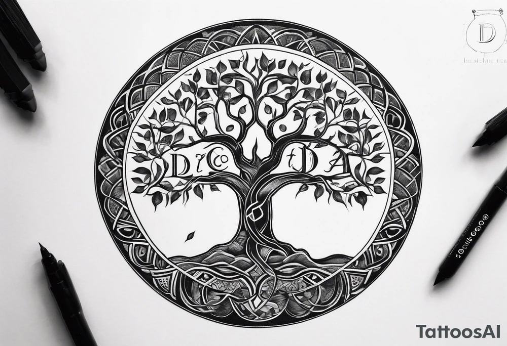 Circular tree of life with the letter D shown 3 times tattoo idea