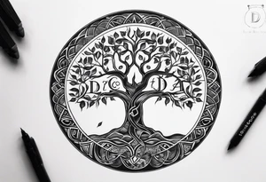 Circular tree of life with the letter D shown 3 times tattoo idea