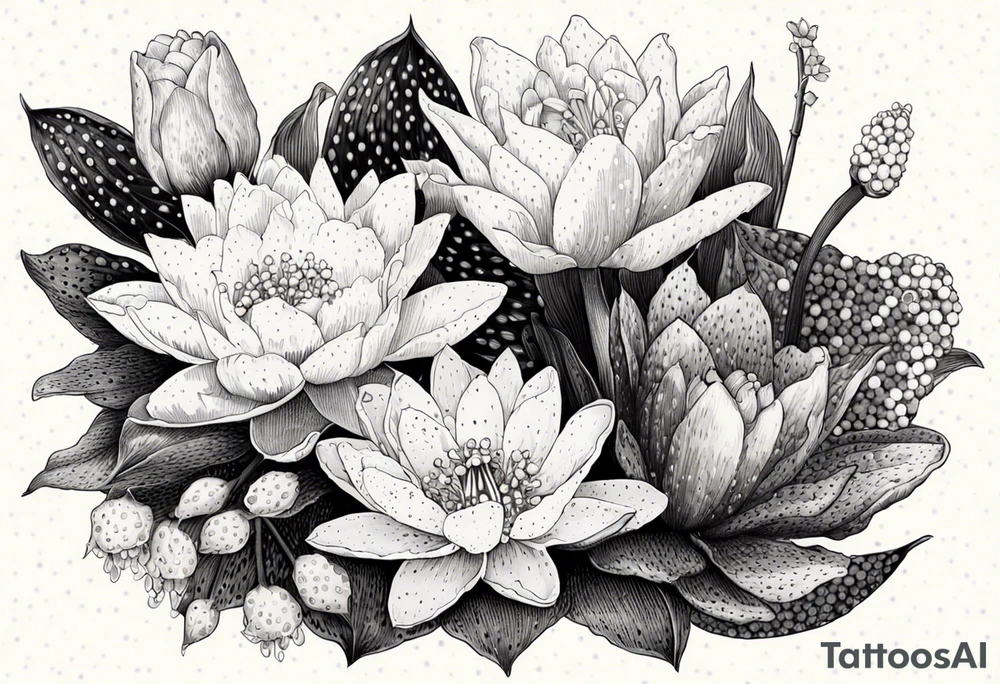 Water Lily, Lily of the Valley, Narcissus, and Gladiolus bouquet for vase tattoo idea