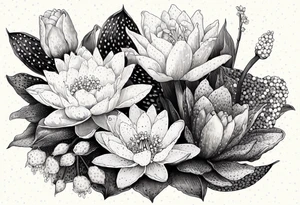 Water Lily, Lily of the Valley, Narcissus, and Gladiolus bouquet for vase tattoo idea