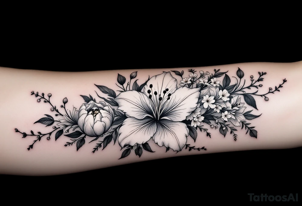 flower arrangement with spider lilies, tulip, cherry blossom tattoo idea