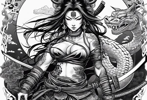 samurai girl in an oni mask with a snake tongue, covering her bare torso with a katana tattoo idea