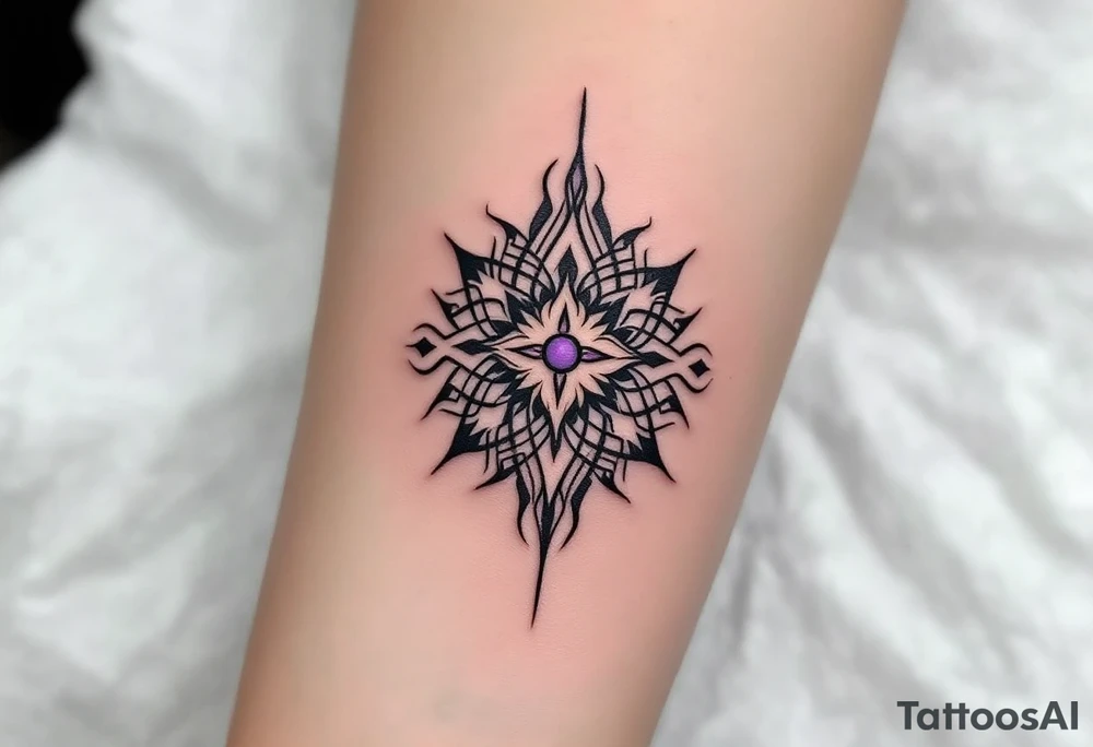 A minimalist black Celtic sun, outlined with violet accents, brings a modern touch to ancient symbolism. tattoo idea