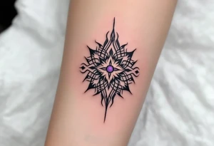 A minimalist black Celtic sun, outlined with violet accents, brings a modern touch to ancient symbolism. tattoo idea