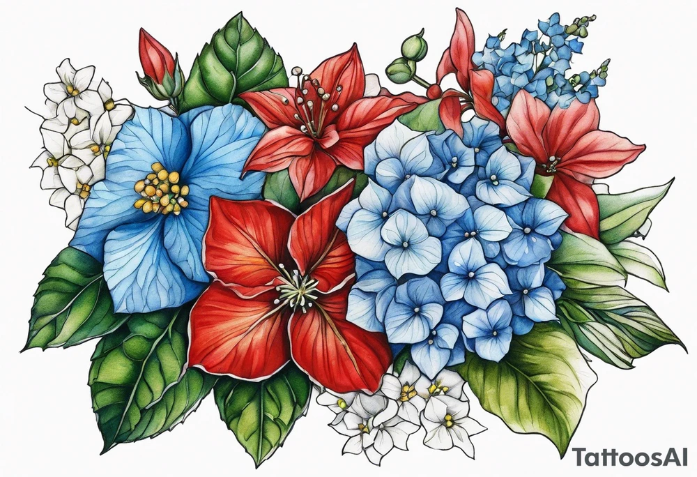 Blue Hydrangea, Narcissus, Poinsettia, Holly, Gladiolus, Poppy, Daisy, Sweet Pea floral bouquet tattoo idea