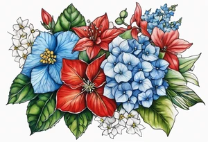 Blue Hydrangea, Narcissus, Poinsettia, Holly, Gladiolus, Poppy, Daisy, Sweet Pea floral bouquet tattoo idea