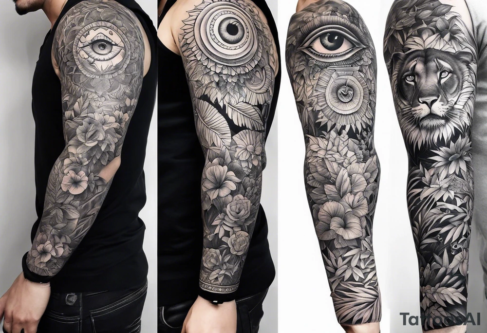 full arm sleeve tattoo with all-seeing eye and jungle plants tattoo idea