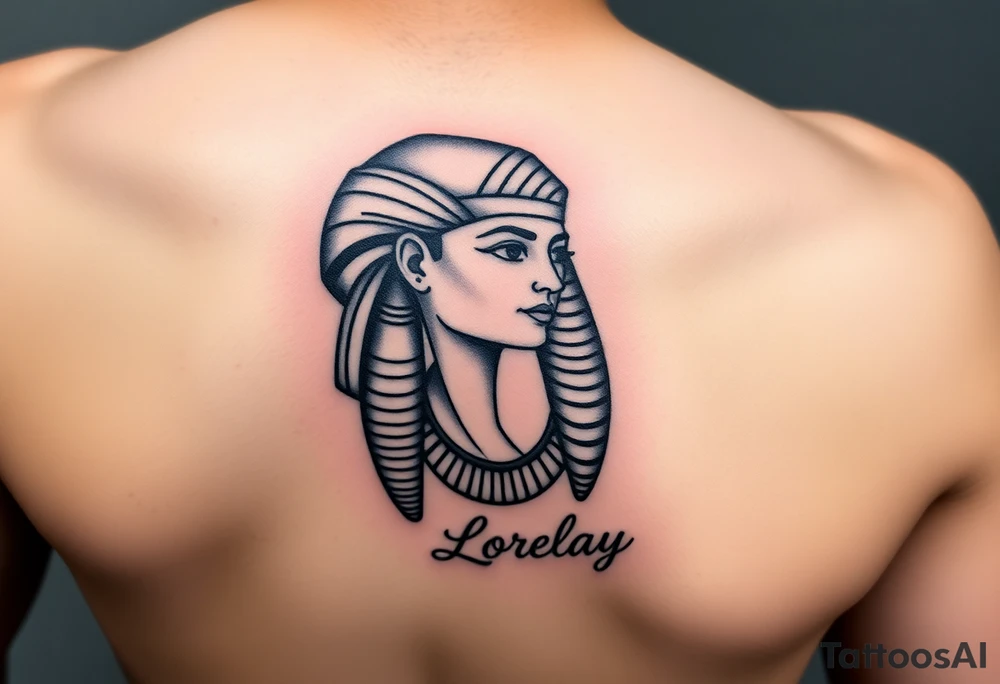 Créame un diseño en miniatura para el bíceps de un personaje principal chica 
de la cultura de egipcia con el nombre de lorelay escrito por debajo del diseño tattoo idea