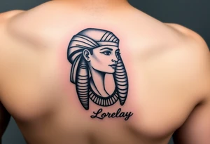 Créame un diseño en miniatura para el bíceps de un personaje principal chica 
de la cultura de egipcia con el nombre de lorelay escrito por debajo del diseño tattoo idea