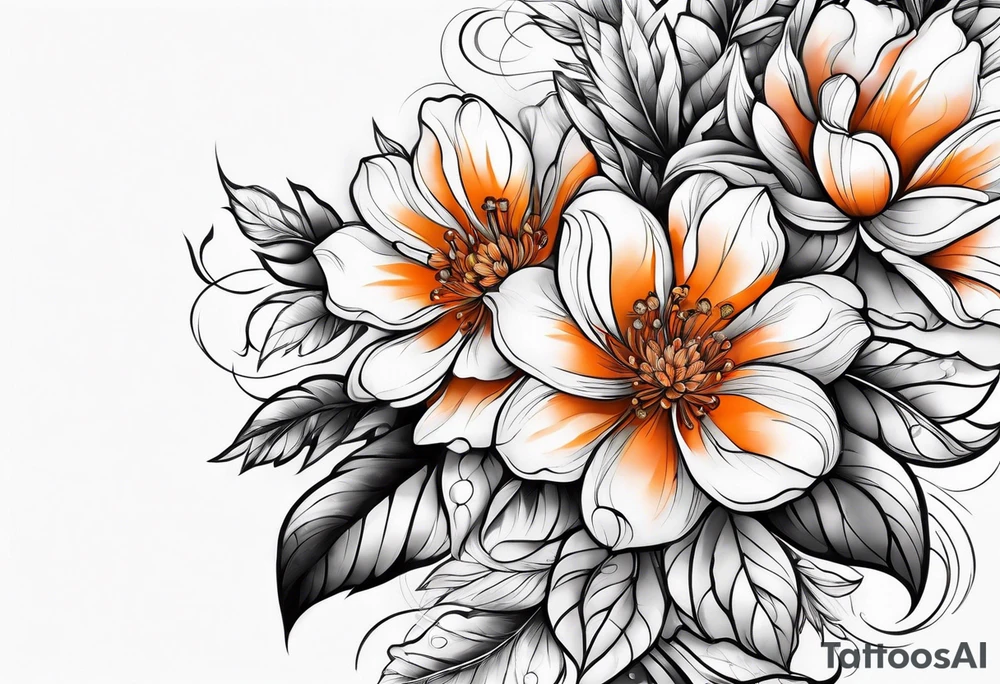 Arm sleeve with orange flowers tattoo idea