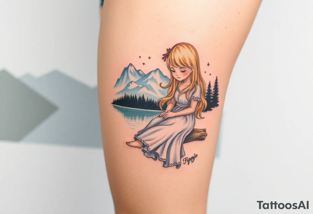 Little blond girl in front of a lake and mountain tattoo idea