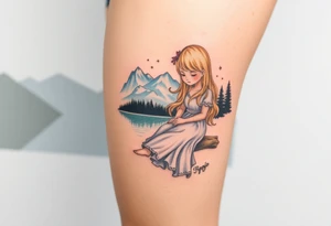 Little blond girl in front of a lake and mountain tattoo idea