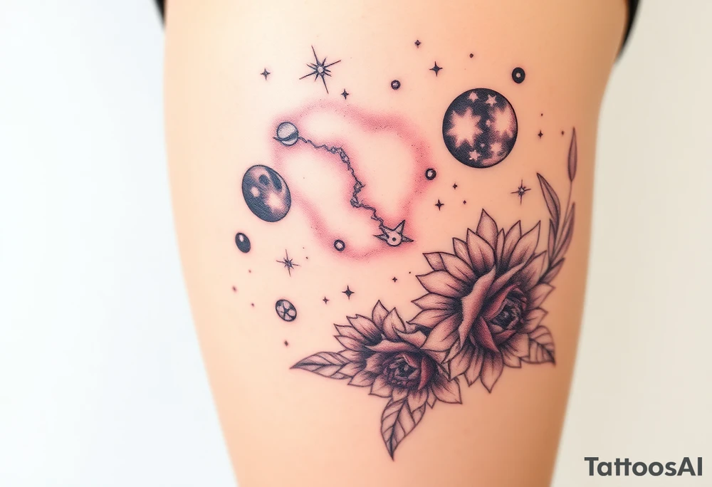 Milky way galaxy with planets with zodiac symbols and protection runes in it with tigerlillies roses and sunflowers tattoo idea