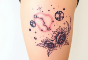 Milky way galaxy with planets with zodiac symbols and protection runes in it with tigerlillies roses and sunflowers tattoo idea