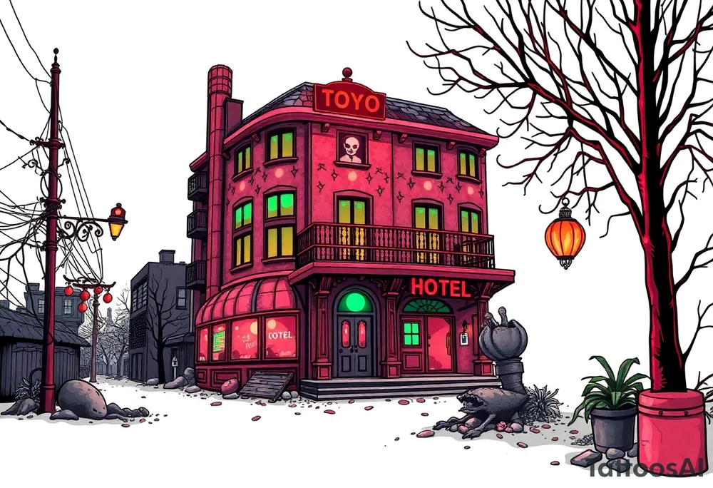 Tim Burton’s Tokyo sex hotel from outside viewis abandoned and dripping with muted reds, dusty pinks, and eerie green glow. tattoo idea tattoo idea