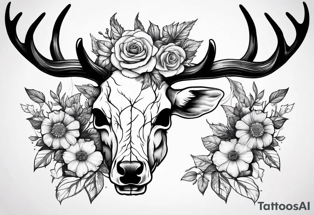 Reindeer skull and flower on horns tattoo idea
