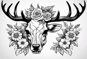 Reindeer skull and flower on horns tattoo idea
