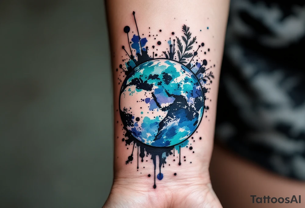 A linework planet Earth filled with watercolor splashes of turquoise, jade, and indigo rests on the inner wrist. tattoo idea