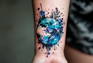 A linework planet Earth filled with watercolor splashes of turquoise, jade, and indigo rests on the inner wrist. tattoo idea