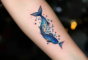 The Pisces constellation is dotted with tiny aquamarine stars that flow like water along the spine. tattoo idea